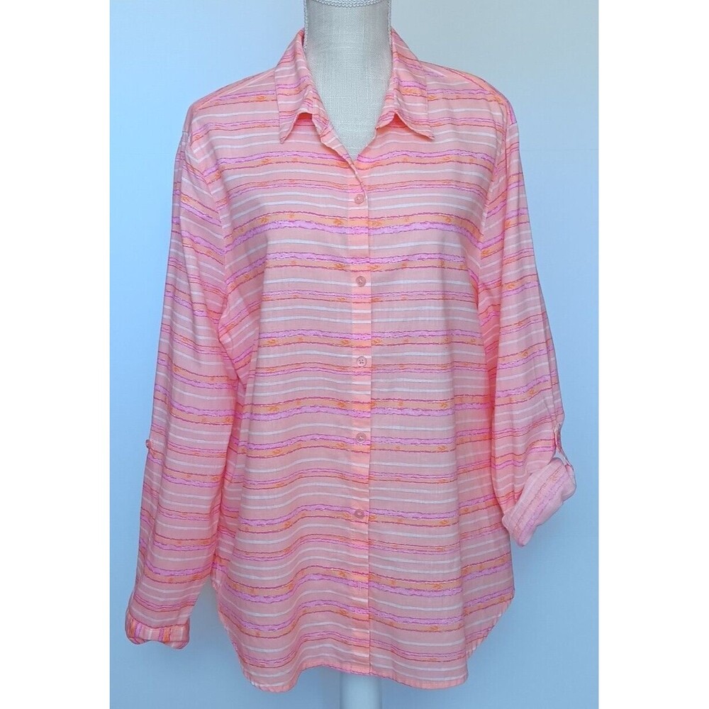 Kim Rogers Women's Size XL Linen Blend Button Front Blouse w/Roll Tab Sleeves